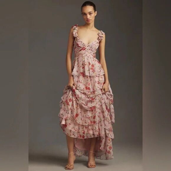 Mac Duggal 55816 Womens Pink Ruffled Sleeveless Draped Tiered Floral Print Gown - Picture 2 of 15